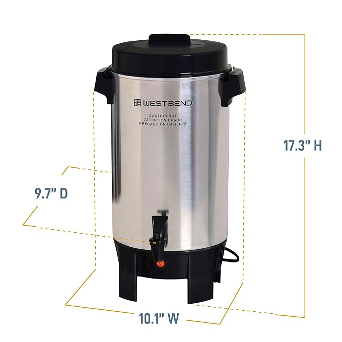 West Bend Coffee Urn Highly-Polished Aluminum Features Automatic Temperature Control with Cup Per Minute Brewing and Easy Clean Up Includes In-Basket Measuring Guide and Ready Light, 42-Cup, Silver
