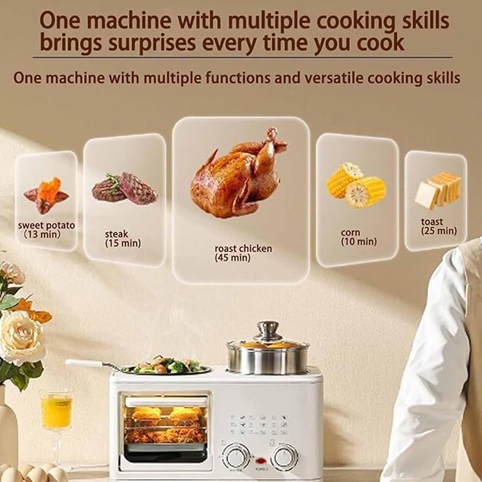 White,8L Stainless Steel Air Fryer Oven Combo with Steamer and Baking Tray, Suitable for Bread, Pizza, and Tarts