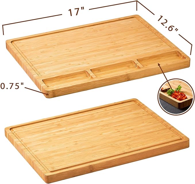 Large Bamboo Wood Cutting Board for Kitchen, Cheese Charcuterie Board with 3 Built-in Compartments and Juice Grooves, Butcher Block (17x12.6")