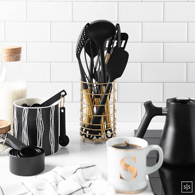 Black and Gold Kitchen Utensils Set with Stainless Steel Holder – 18-Piece Nylon Cooking Utensils with Measuring Cups and Spoons – Stylish Gold Kitchen Accessories for Baking and Cooking