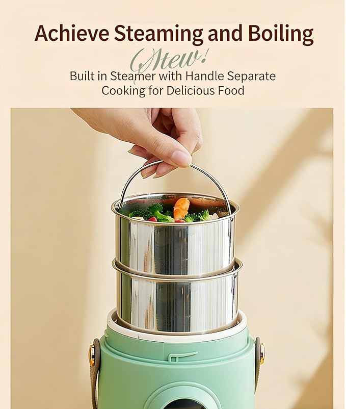Multifunctional Health Pot, 500W Portable Mini Electric Cooker with Ceramic Glaze Inner & Steamer, Small Slow Cooker with 12-Hour Reservation, for Porridge, Rice, Soup & Steaming (1200ml-Green)