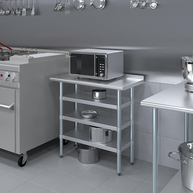 AmGood Stainless Steel Work Table with 1.5" Backsplash and 3 Shelves | Metal Kitchen Food Prep Table | NSF (36" Long x 18" Deep)