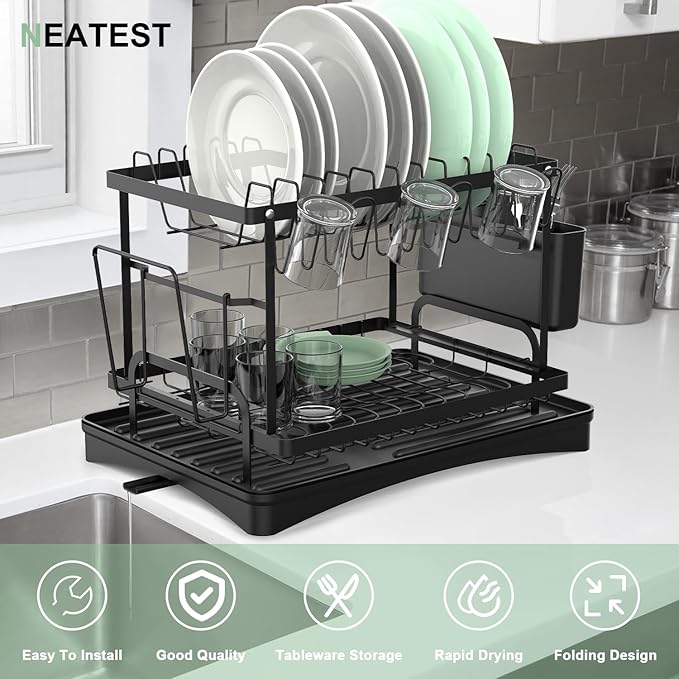 NEATEST Dish Drying Rack, 2-Tier Dish Rack for Kitchen Counter with Auto Draining Tray Kitchen Organizers and Storage with Cutlery Holder for Dish/Knifes/Cup/Cutting Board Dish Drainer
