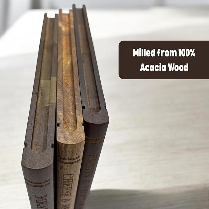 The Cutting Board Library | 100% Acacia Wood | Set of 3 Decorative Kitchen Boards with Wooden Stand | Cheese, Bread & Charcuterie Display | Statement Countertop Accent