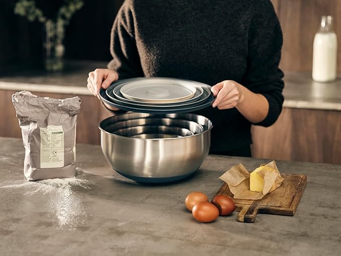 Joseph Joseph Prep&Store- Stainless Steel Mixing Nest Bowls with Lids, 8 piece Metal Bowl food Storage Set, Stainless Steel