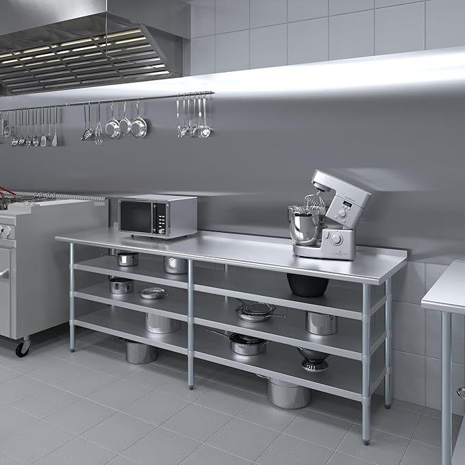 AmGood Stainless Steel Work Table with 1.5" Backsplash and 3 Shelves | Metal Kitchen Food Prep Table | NSF (96" Long x 24" Deep)
