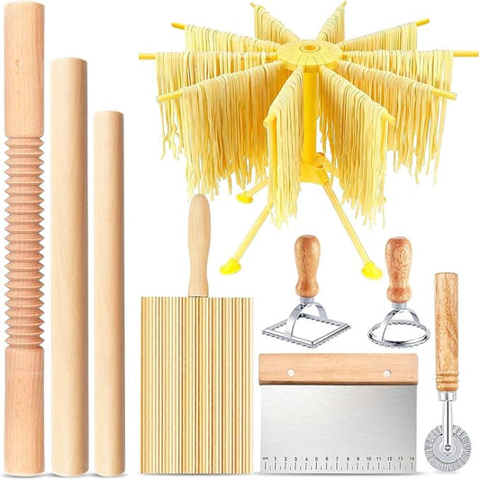 Pasta Making Tools, 9 Piece Wood Pasta Making Kit with 3 Rolling Pins, 1 Pasta Drying Rack, 1 Gnocchi Board, 1 Dough Cutter, 1 Ravioli Cutter, 2 Pasta Stamps, Ravioli Pasta Cutter Set for Pasta Maker