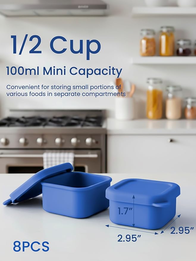 8 Pcs 1/2 Cup Silicone Freezer Molds With Lid, Silicone Freezer Trays for Sauce and Food Storage, Ice Cubes Molds, Small Portion Containers for Meal Prep, Nuts, Snacks, Dessert (Blue)
