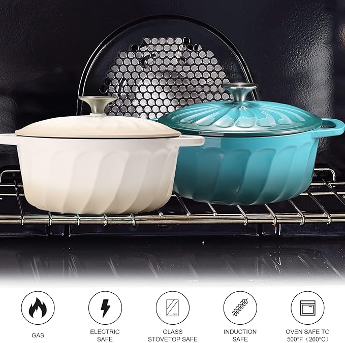Enameled Cast Iron Dutch Oven with Lid, 6 QT Cast Iron Dutch Oven Pot, Dual Handles for Bread Baking, Cook, Bake, Oven Safe across All Cooktops (White,6 QT)