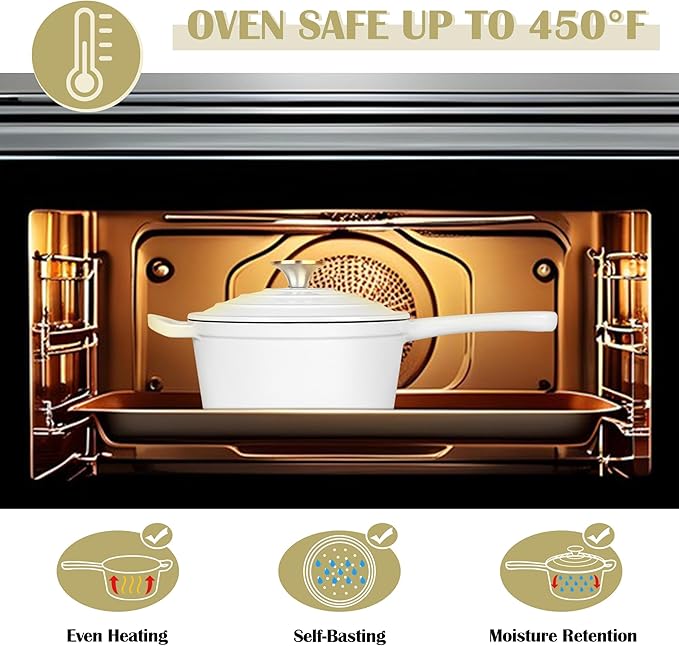 E-far Enameled Cast Iron Sauce Pan, 3 Quart Dutch Oven Saucepan with Lid, Small Sauce Pot for Cooking, Boiling, Healthy & Non Toxic, Induction & Oven Safe, White