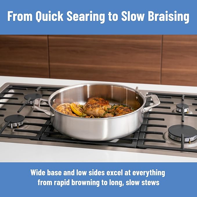 Misen 5-Ply Stainless Steel 6QT Rondeau – Wide, Flat Cooking Surface - Even Heating, Perfect Searing - Durable, Versatile Cookware – Oven-Safe to 800F, Induction Compatible