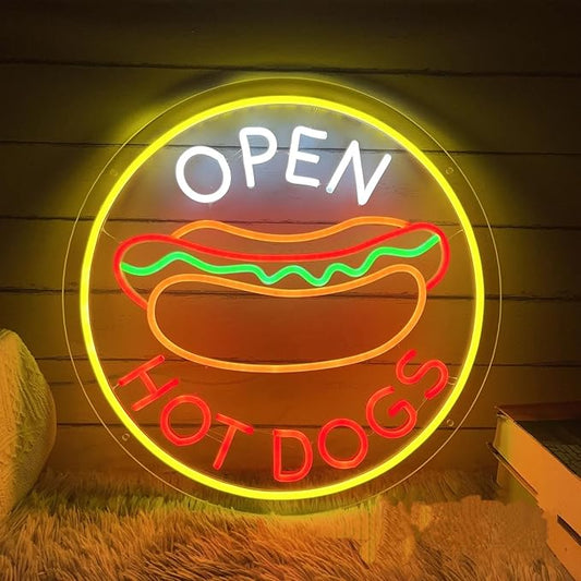 Open Hot Dogs Neon Signs Dimmable LED Neon Lights for Restaurant Business Signs for Fast Food Shops Accessories Light Up Sign for Snack Bar Wall Decor