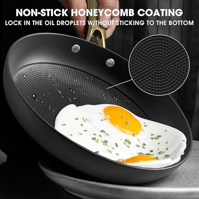 imarku Non Stick Frying Pans, 10 & 12 Inch Cast Iron Skillets with Lids, Frying Pan Set with Honeycomb Texture, Oven Safe & Induction Available, Ideal Kitchen Gift for Home Cooks