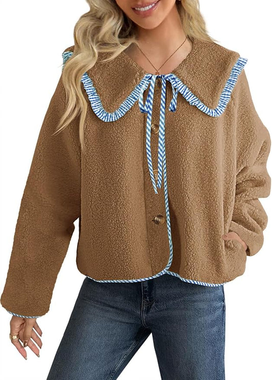 Tankaneo Womens Fuzzy Fleece Jacket Peter Pan Collar Button Down Fall Winter Sherpa Coats Colorblock Cute Warm Outerwear