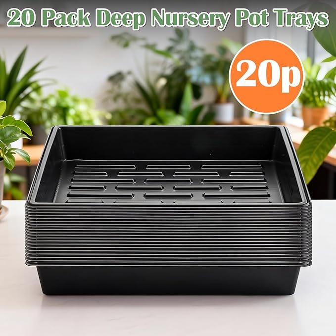 20 Pack Nursery Pots Trays (16.5"x13.2"x2.8"), Plastic Seed Starter Trays, Durable Carrying Seedling Starter Tray, Reusable Tray for Planting and Collecting Drainage Water (Black)