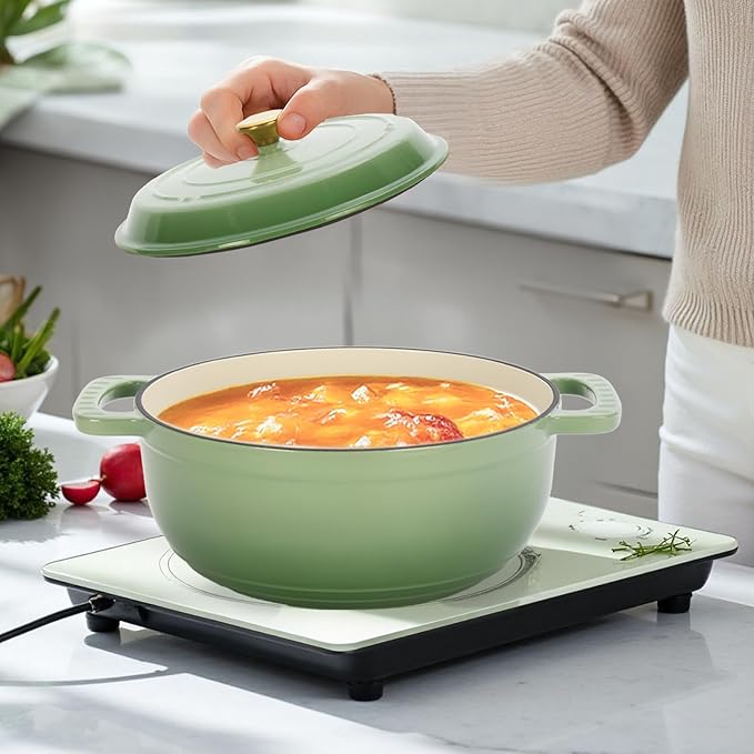 ROVSUN 5 Quart Enameled Cast Iron Dutch Oven with Lid, Dual Handles, Oven Safe up to 500°F or on Stovetop, Compatible for Braising, Stews, Roasting, Bread Baking- Sage Green