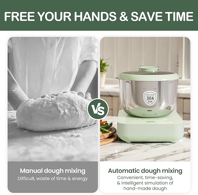5.2QT Dough Maker with Weighting, Electric Dough Maker with Ferment Function, Face-up Touch Panel, 304 Stainless Steel, Green