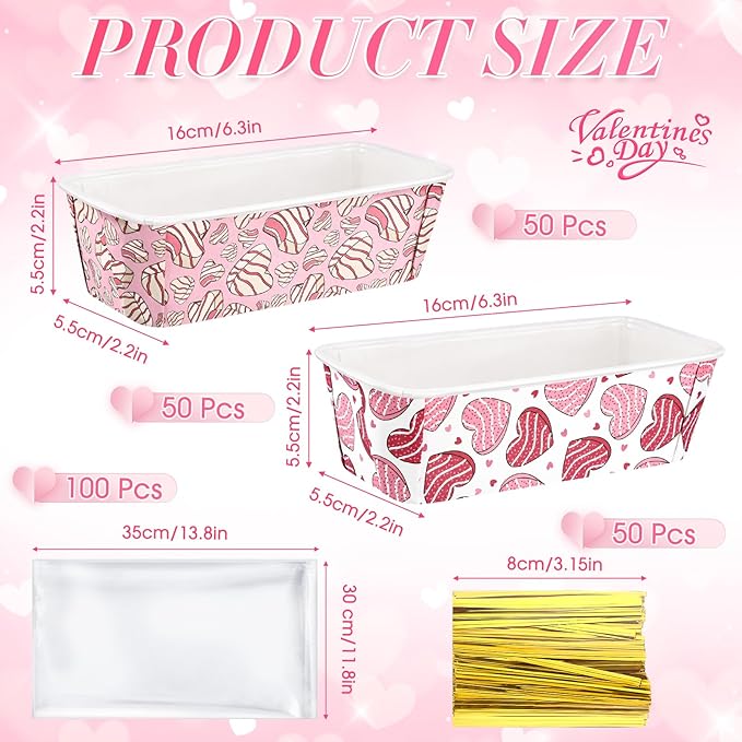 Honeydak 100 Sets Mini Loaf Baking Pans Bulk Paper Loaf Pans for Baking 6.3 x 2.2 x 2.2 in Heart Cookie Disposable Serving Tray Treat Pattern Party Supplies(Romantic)