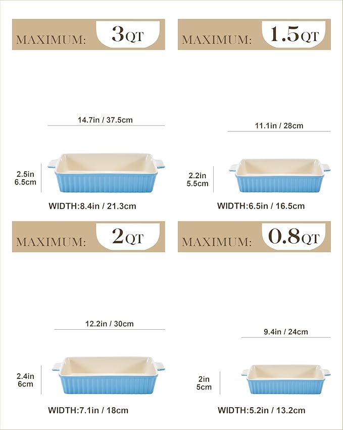 MALACASA Casserole Dishes for Oven, Porcelain Baking Dishes, Ceramic Bakeware Sets of 4, Rectangular Lasagna Pans Deep with Handles for Baking Kitchen, Blue (9.4"/11.1"/12.2"/14.7"), Series BAKE.BAKE