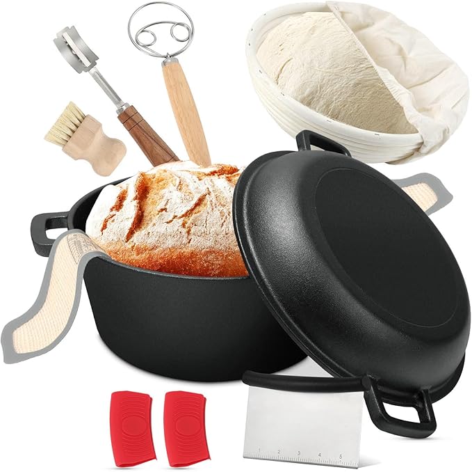 Cast Iron Dutch Oven for Bread Baking, 5 Qt Sourdough Dutch Oven with Lid, 2-in-1 Dutch Pot with Bread Baking Supplies for Camping, Frying and Braising