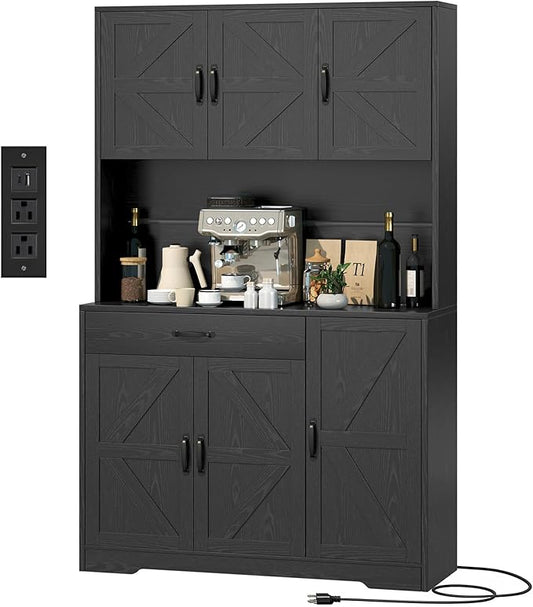 71" Pantry Cabinet with Charging Station, Large Capacity Kitchen Hutch Storage Cabinet, Kitchen Cabinet with Microwave Stand, Storage Drawers & Adjustable Shelves for Dining Room, Black