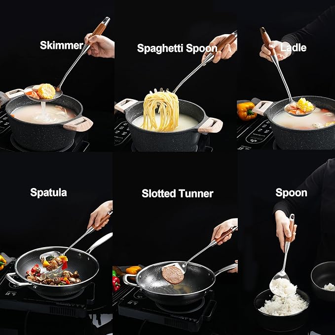 Stainless Steel Cooking Utensils with Wooden Handle, 6 PCS Stainless Steel Kitchen Utensils 12.5"-14", Wok Spatula, Ladle, Skimmer, Slotted Spatula Turner, Spaghetti Spoon, Large Spoon