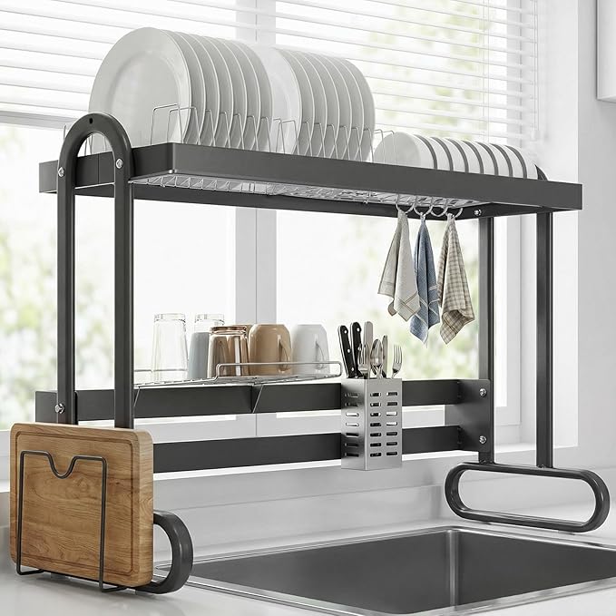 Stainless Steel Dish Drainer with Utensil Holder Kitchen Counter Dishrack Anti-Slip Household Dish Strainers for Draining & Storing Dishes