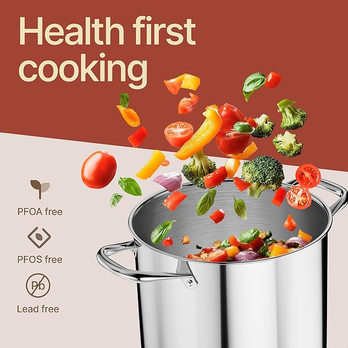 Stainless Steel Stockpot with Tempered Glass Lid 16 Quart, Durable 18/0 Stainless Steel, Impact-Bonded Base for Even Heating, Riveted Handles, Oven & All Stove Compatible, Safe Up To 500°F (260°C)