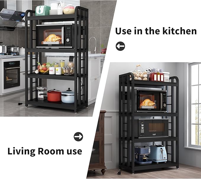 Bakers Rack with Power Outlet ，Microwave Stand 4-Tier Kitchen Baker's Rack, Free Standing Baker's Rack Kitchen Stands with Storage Suitable for Kitchen, Living Room, Dinning Room，Coffee Bar (Black)