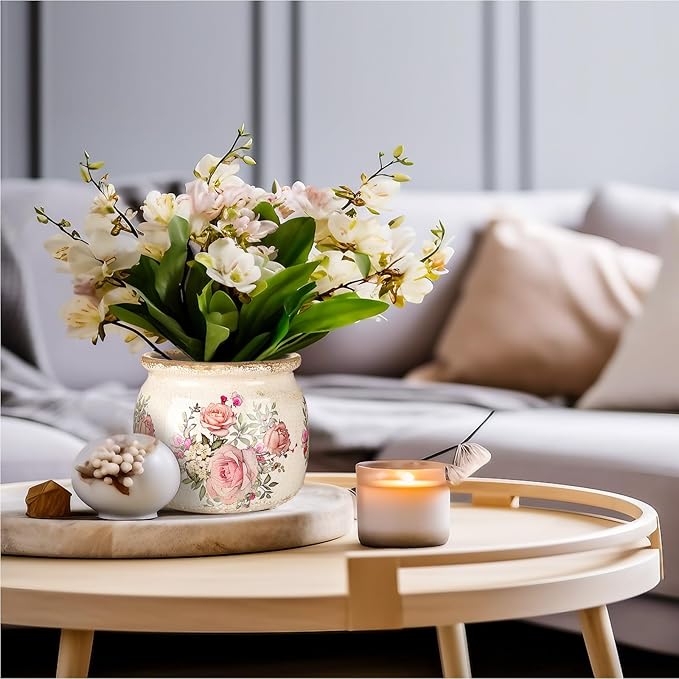 7.7" Large Ceramic Plant Pot Beige Pink Vintage Rose Crackle Glaze Rustic Flowers Pot Decorative Planter with Drainage for Indoor Outdoor Plants Home Kitchen Office Decor Gift