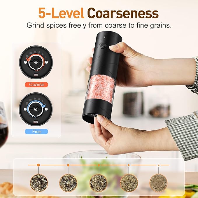 Rechargeable Salt and Pepper Grinder Set with LED Light, Adjustable Coarseness shakers, One-Hand Operation for Kitchen Appliances Christmas Gift Sets for Women(2 Pack Upgrade Black)