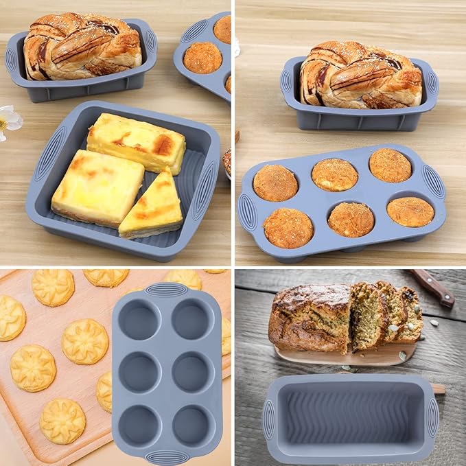 10in1 Nonstick Silicone Baking Cake Pan Cookie Sheet Molds Tray Set for Oven, BPA Free Heat Resistant Bakeware Suppliers Tools Kit for Muffin Loaf Bread Pizza Cheesecake Cupcake Pie Utensil (Grey)