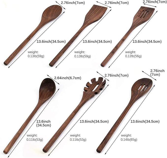 6 PCS Wooden Kitchen Utensils Set, Black Walnut Wood Long Handle Spoons and Spatula Set for Cooking, Heat Resistant Non-Stick Cookware