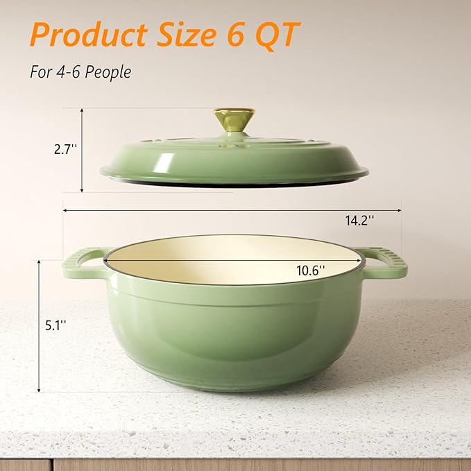 ROVSUN Enameled Cast Iron Round Dutch Oven, 6QT Pot with Lid &Dual Handles with Silicone Gloves,Oven Safe up to 500°F, Heavy-Duty Pre-Seasoned Cookware for Bread Baking, Braising, Stews, Roasting, Sage Green