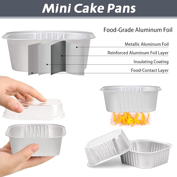 200 Pack 8 oz Silver Mini Aluminum Cake Pans with Lids and Spoons, Disposable Square Baking Cups, Oven Safe Foil Ramekins for Individual Desserts, Cupcakes, Cheesecakes Ramekins Muffin