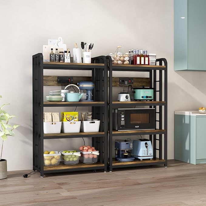 Bakers Rack with Power Outlet ，4-Tier Kitchen Baker's Rack,Microwave Stand with Storage Suitable for Kitchen, Living Room, Dinning Room，Coffee Bar(Rustic Brown)