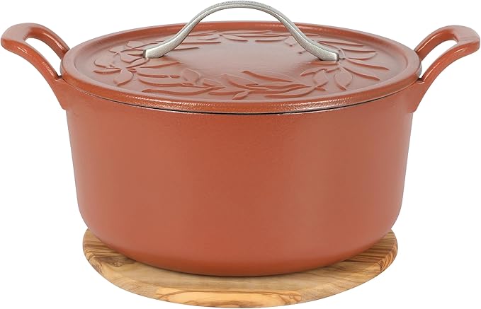 Bloomhouse 7 Qt Cast Iron Dutch Oven W/Embossed Lid, European Enamel, & Olive Wood Trivet - Matte Terracota