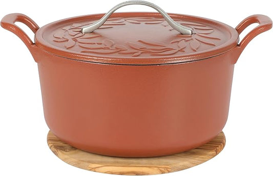 Bloomhouse 7 Qt Cast Iron Dutch Oven W/Embossed Lid, European Enamel, & Olive Wood Trivet - Matte Terracota
