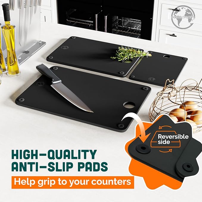 Composite Wood Cutting Board Set of 3 – Dishwasher Safe, Non-Toxic & Plastic-Free Cutting Boards for Kitchen – Extra Large, Large & Small Non-Slip Wood Charcuterie & Chopping Boards (Black)