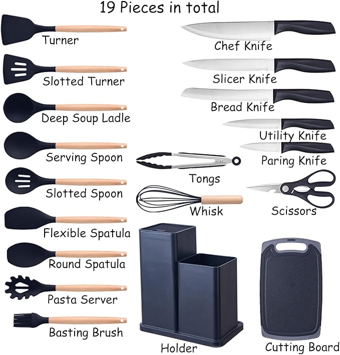 19 Pieces Kitchen Utensils and Knife Set with Block, with 9 Piece Silicone Cooking Utensils Set 5 Piece Sharp Stainless Steel Chef Knives Scissors Whisk Tongs and Cutting Board (19 in 1) (Beige)
