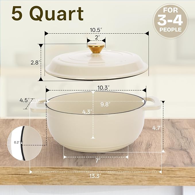 ROVSUN 5 Quart Enameled Cast Iron Dutch Oven with Lid, Dual Handles, Oven Safe up to 500°F or on Stovetop, Compatible for Braising, Stews, Roasting, Bread Baking-Cream White