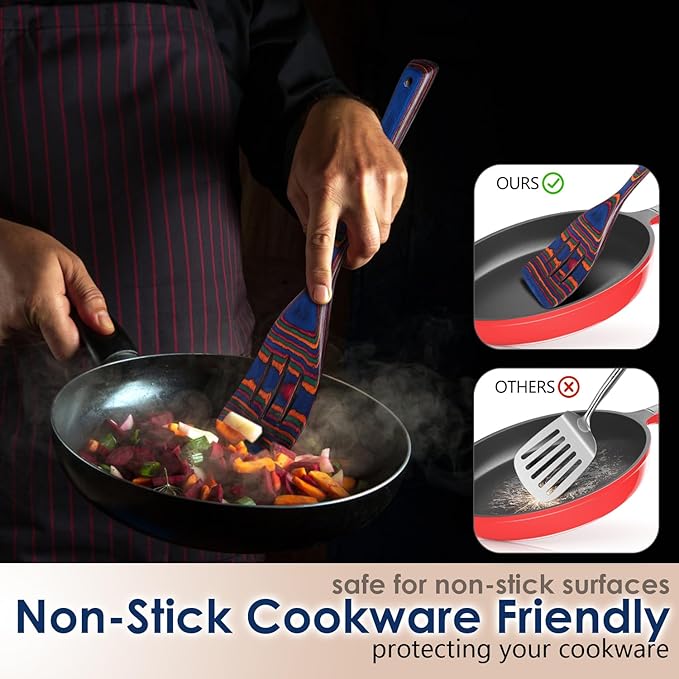 Wooden Spoons for Cooking, Pakkawood Kitchen Utensil Set Spectrum Color, Premium Durable Wooden Utensils for Nonstick Cookware, Heat Resistant, Smooth Finish, Comfortable Grip, 7 Piece