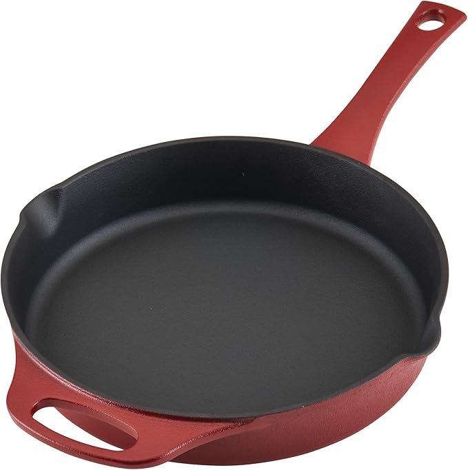 Rachael Ray NITRO Cast Iron Frying Pan/Skillet with Helper Handle and Pour Spouts, 10 Inch, Red