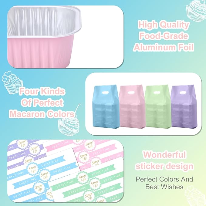 424 Pack Macaron Mini Cake Pans Set with Lids and Spoons Include 100 Macaron 5oz Disposable Aluminum Foil Baking Pans 100 Lids 100 Spoons 100 Sealing Stickers 24 Gift Bags for Dessert