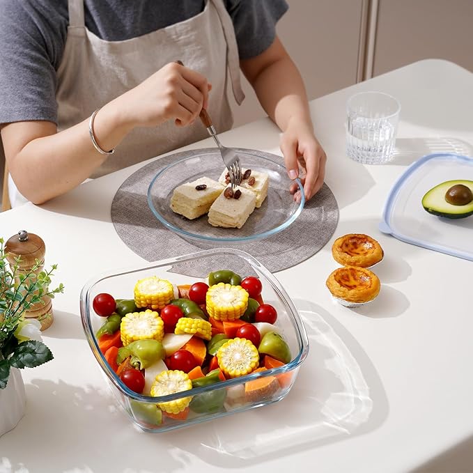 NUTRIUPS Glass Baking Dish with BPA Free Lids, Square Baking Pan, Glass Casserole Dish for Oven Dishwasher Safe, Baking Pan for Lasagna, Risotto (Blue, 2.6L)