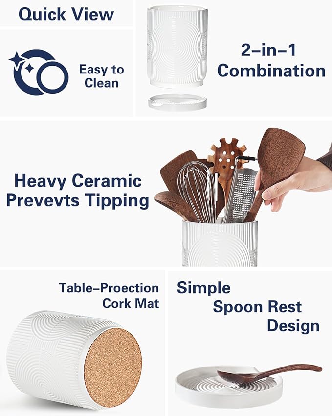 Utensil Holder, 7.2" Kitchen Utensil Holder for Counter, 2-in-1 Ceramic Cooking Utensils Holders with Spoon Rest, Utensil Crock for Spatula, Ideal Housewarming Gift (White)