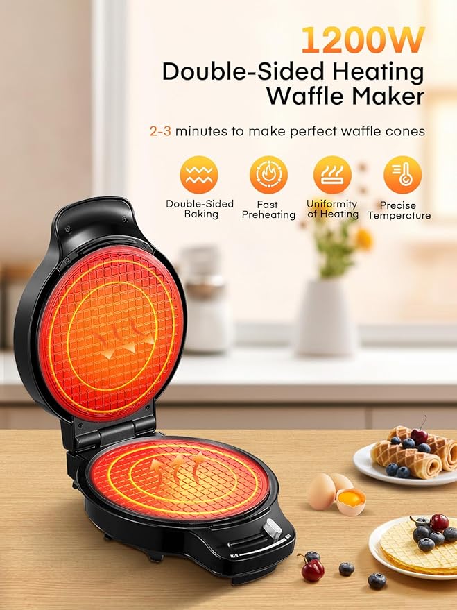 FOHERE Waffle Cone Maker Machine and Ice Cream Bowl Maker with Temperature Control, Double Side Nonstick Waffle Bowl Maker with Cone Roller, 7.5” Thin Waffle Maker for Home Kitchen (Black)