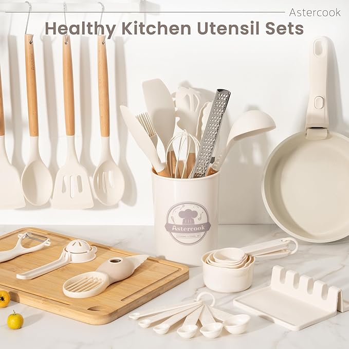 Astercook Silicone Cooking Utensils Set, 38 PCS Kitchen Utensils Set for 446°F Heat Resistant, Food Grade Utensil Sets with Wooden Handle, Kitchen Gadgets for Nonstick Cookware BPA Free (White)