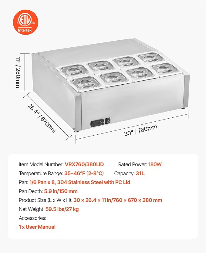 VEVOR Refrigerated Condiment Prep Station, 150 W Countertop Refrigerated Condiment Station, with Eight 1/6 Pans, 304 Stainless Body and PC Lid, Sandwich Prep Table, for Restaurant & Food Stall