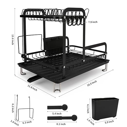 Dish Drying Rack,16.5 * 11.8 * 13.6'' 2 Tier Over The Sink Dishrack Strainer,Large Capacity W/Drainboard and Utensil Holder,Auto-draining,Non-Slip for Kitchen Counter